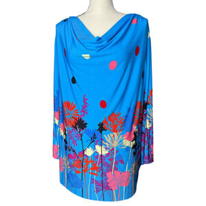 Investments Tunic in blue w/Dots and Flower Print Draped Neckline Size 2X
